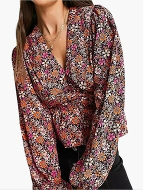 Topshop Black Floral Wrap Blouse with Pink & Orange Flowers. NWOT Size 2